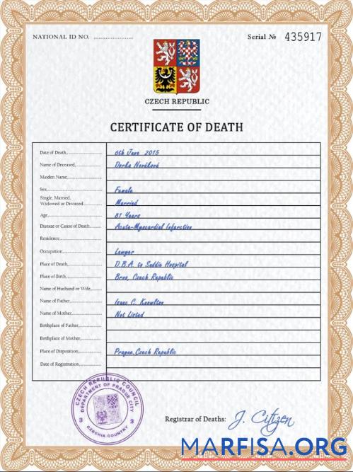 Downloadable Czechia death certificate PSD template
